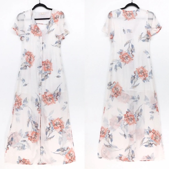 Current Air Asos Women XS Romantic Floral Maxi Dress White Flutter Sleeve Button - Picture 1 of 6
